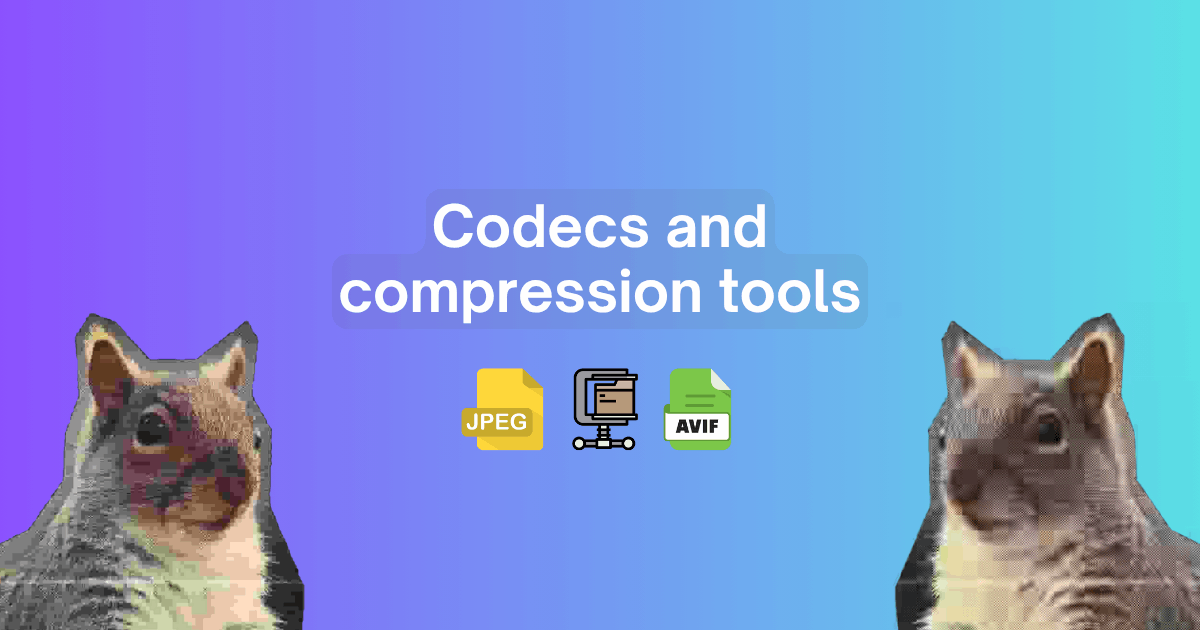 Codecs and compression tools title. JPEG, compression, and AVIF icons between two heavily compressed squirrel photos on a blue-purple gradient background.