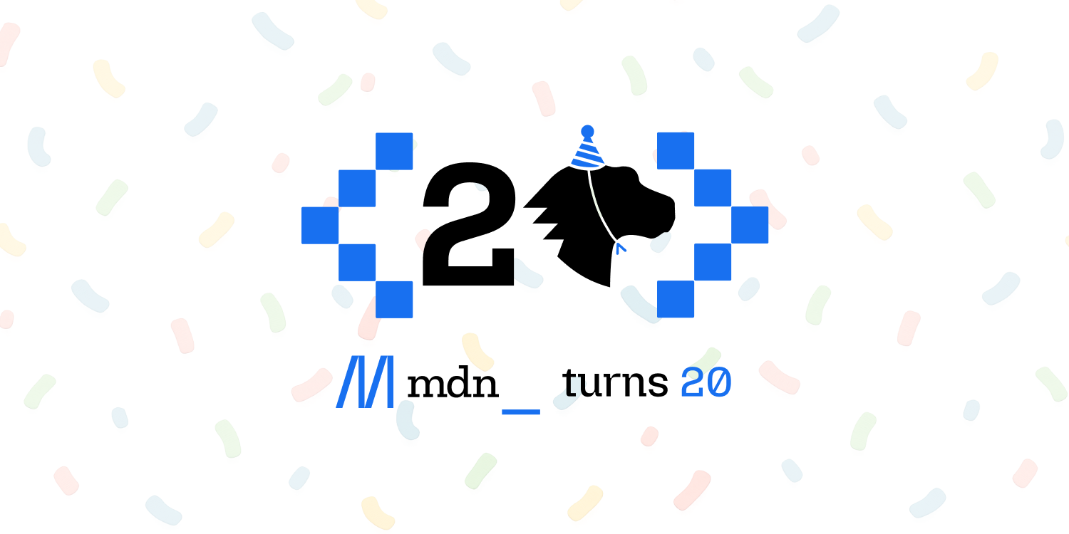 Stylized 20 with an MDN dino logo wearing a birthday hat, 'MDN turns 20' title.