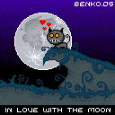 Pixelige Nachtaufnahme einer Katze am Rand einer Klippe mit kleinen Herzen über ihrem Kopf, hinter ihr ein großer Vollmond. Mit einem schwarzen Hintergrund wird unten im Bild in weißer Schrift angezeigt: in love with the moon.