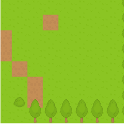 Animiertes GIF eines Abschnitts mit Gras, schmutzigen Bereichen und Bäumen, die aus wiederholten Abschnitten einer Kachelkarte bestehen, um zu zeigen, wie man verschiedene Abschnitte des Gebiets sieht, wenn man scrollt.