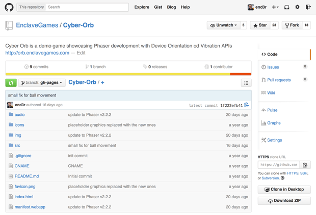 Screenshot des GitHub-Repositories mit dem Cyber Orb Spielcode, zeigt die Ordner und die Dateien in der Hauptstruktur auf.