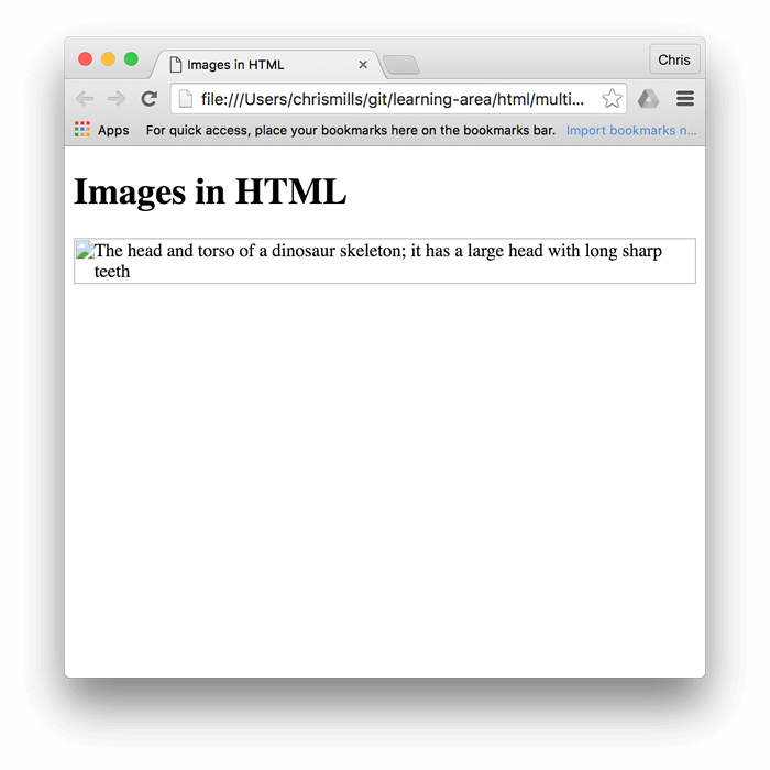 El título Imágenes en HTML, pero esta vez la imagen del dinosaurio no se muestra, y el texto alternativo ocupa su lugar.