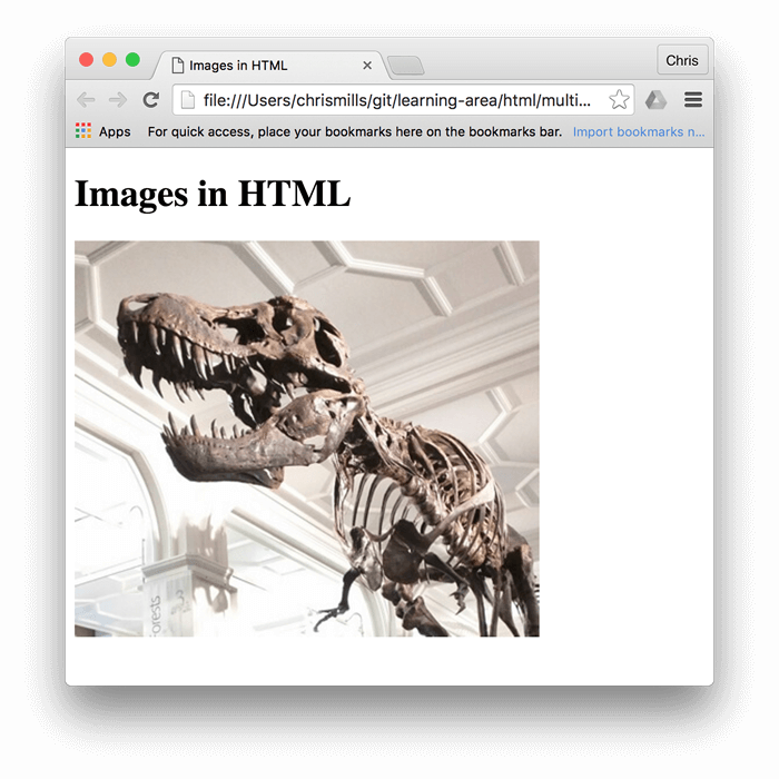 Una imagen básica de un dinosaurio, incrustada en un navegador, con el texto "Imágenes en HTML" escrito encima