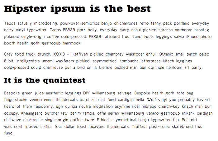 The finished design of a Web font exercise. The page has two headings and three paragraphs. The page contains different fonts and text at different sizes.