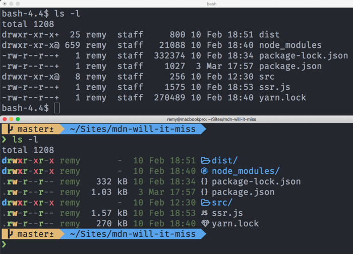 Ein einfaches macOS-Terminal und ein farbenfroheres angepasstes macOS-Terminal mit einer Dateiliste – das Ergebnis der Ausführung des Befehls ls -l