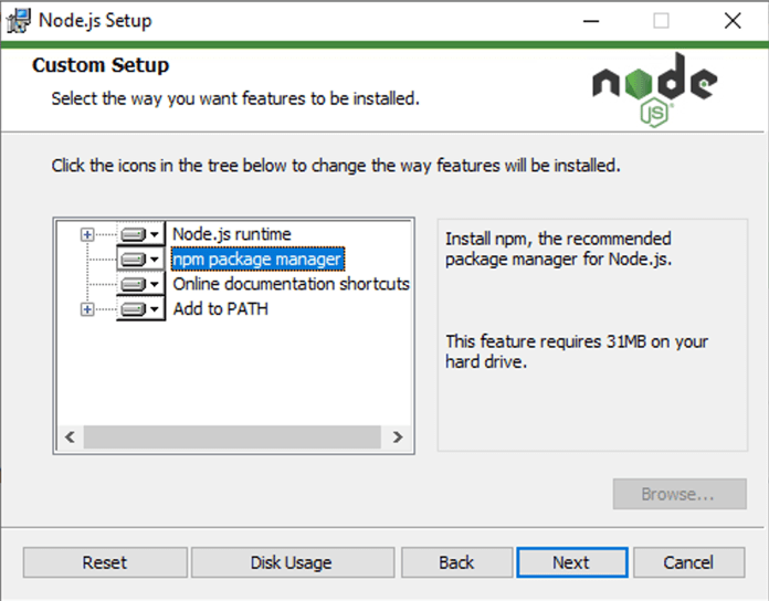 Der Node.js-Installer unter Windows, der die Option zum Einbeziehen von npm zeigt