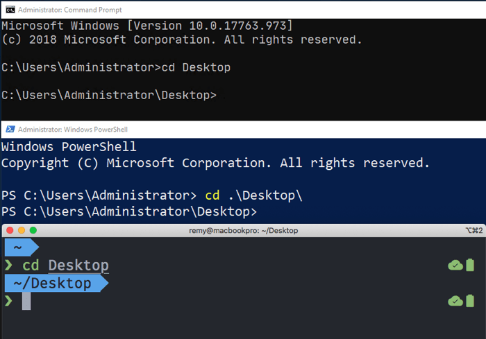 Ergebnisse der Ausführung des Befehls cd Desktop in verschiedenen Windows-Terminals – der Terminalstandort wechselt auf den Desktop