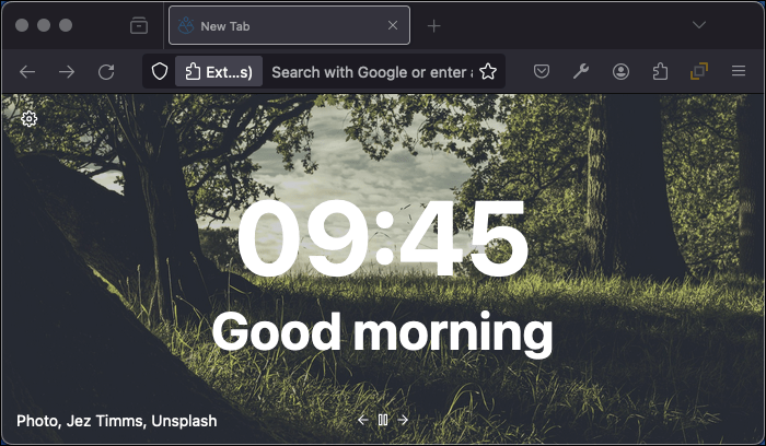 A new tab styled by the Tabliss extension shows a woodland picture with the time and a greeting message.
