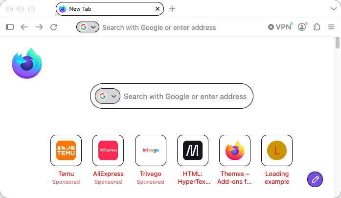 Firefox showing a new tab page. On the page, the text is in red.