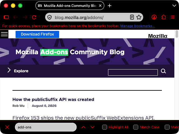 Browser Firefox is black. Browser's tab is black with white text. URL bar and the find in page bar are white with black text but all the browser and the find in page bar icons are red.