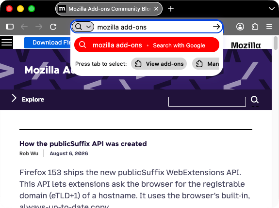 screenshot of firefox is black. Browser's tabs and URL bar are lighter gray with icons and text in white. A search results popup is displayed with a highlighted item's background in red. The background color of the highlighted item inside the popup is red.
