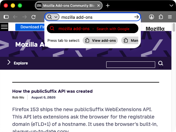 Browser firefox is black. Browser's tabs and URL bar are lighter gray with icons and text in white. A search results popup is displayed with a highlighted item's text in red with a black background. The text color of the highlighted item contrasts well with the black background color of this item.
