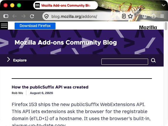 Browser firefox has a picture of an insect theme. URL bar is lighter gray with white icons. The selected tab text is red with white background.