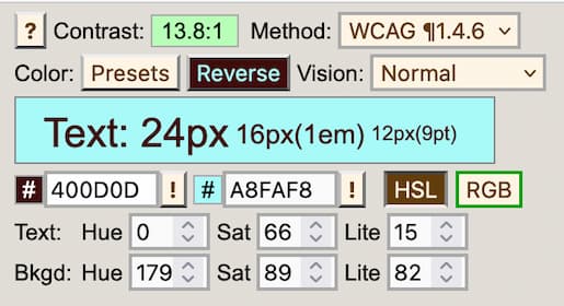 Color picker with HSL and RGB, with color contrast values.